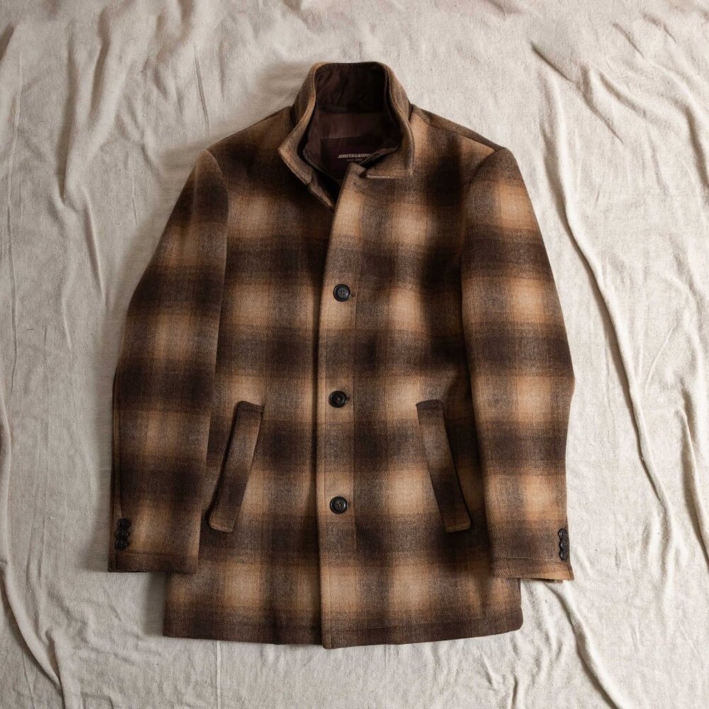 Johnston & Murphy Wool Blend Upton Car Coat Brown Shadow Plaid Small